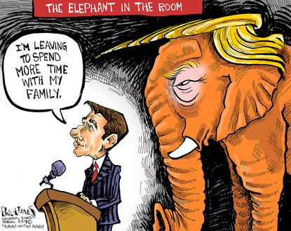 Political cartoon U.S. Paul Ryan retirement Trump elephant in the room GOP