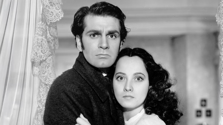 A black and white image of Merle Oberon and Laurence Olivier in Wuthering Heights