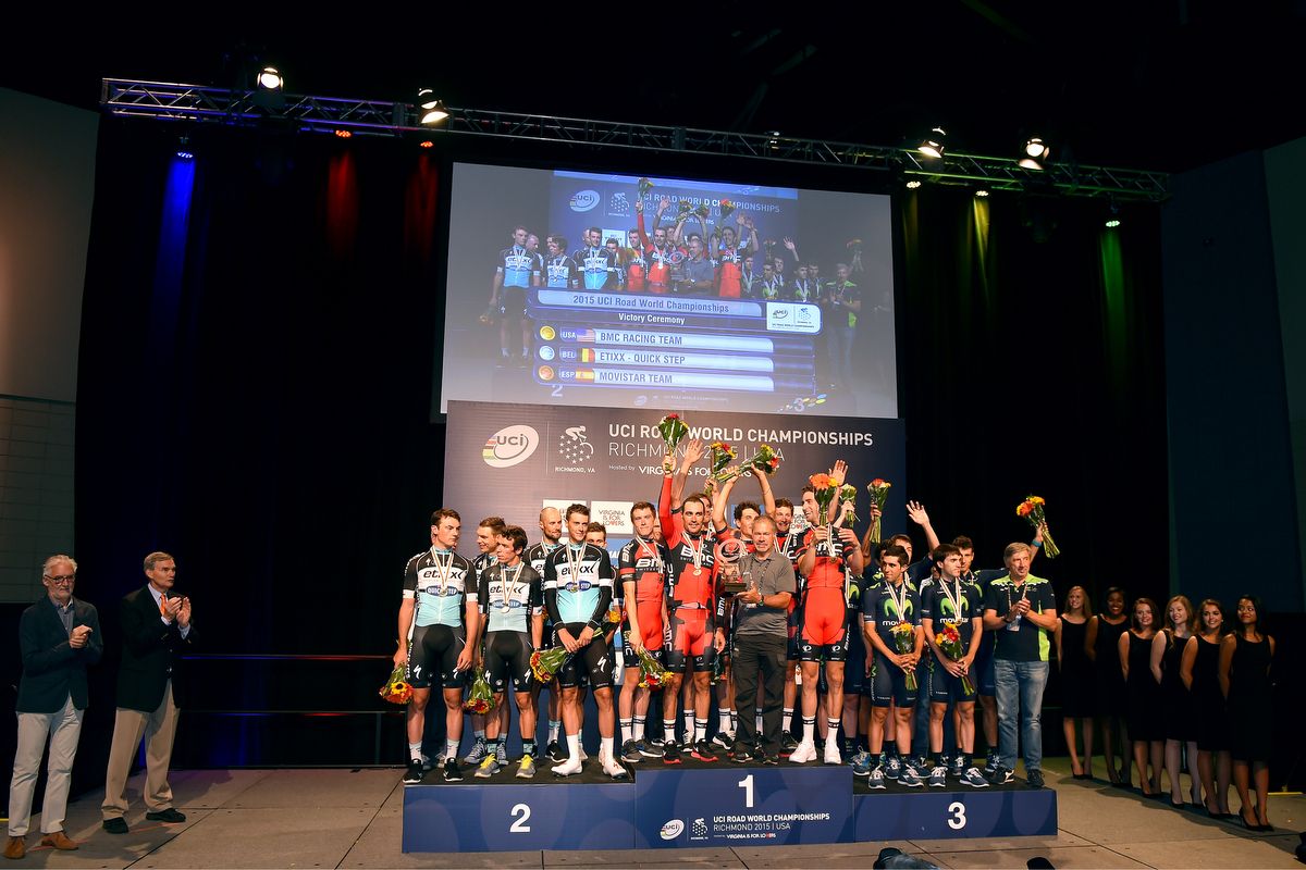 Movistar on the 2015 Worlds TTT podium in third place