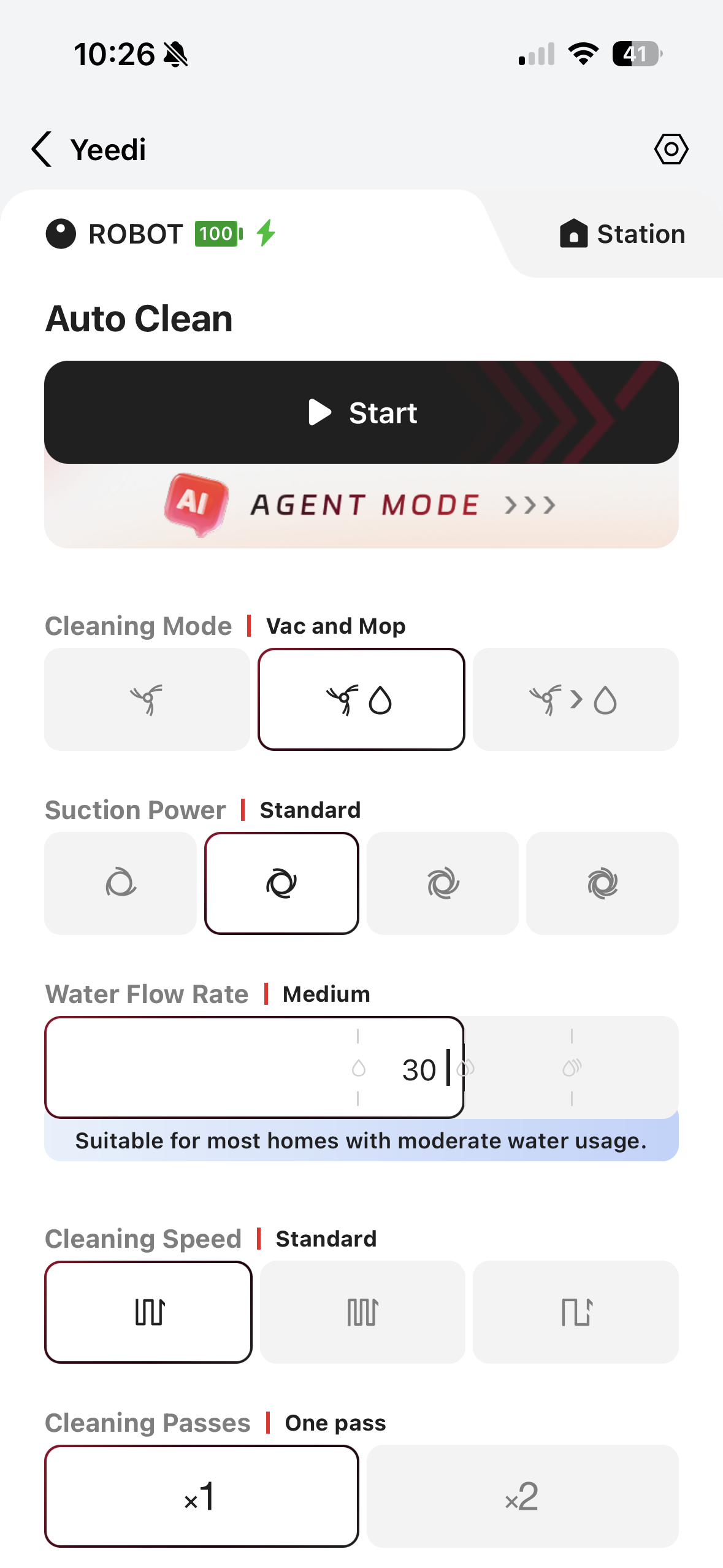 Cleaning settings in the Yeedi app, with a screen shot detailing slider toggles for mode, suction power, water flor rate, cleaning speed and cleaning passes
