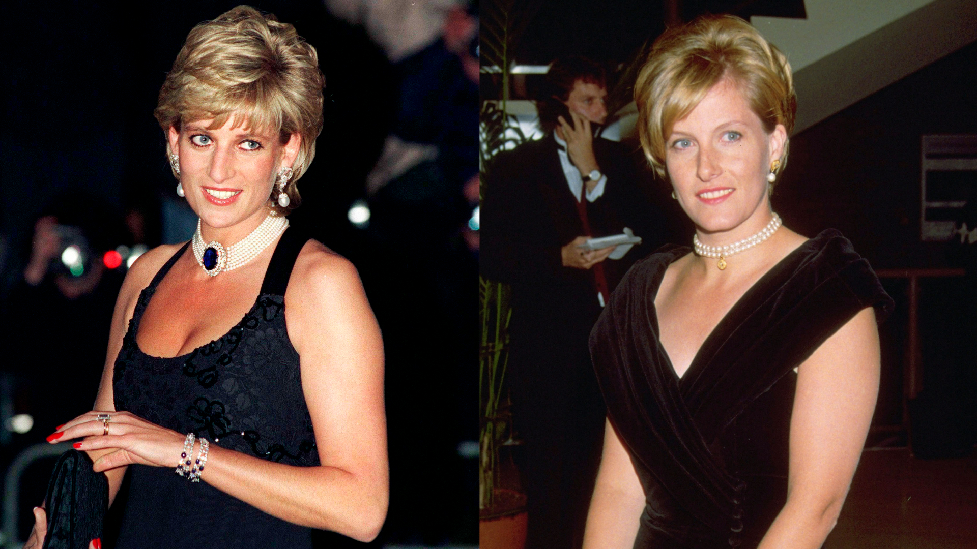 Princess Diana and Duchess Sophie wearing pearl chokers and evening dresses