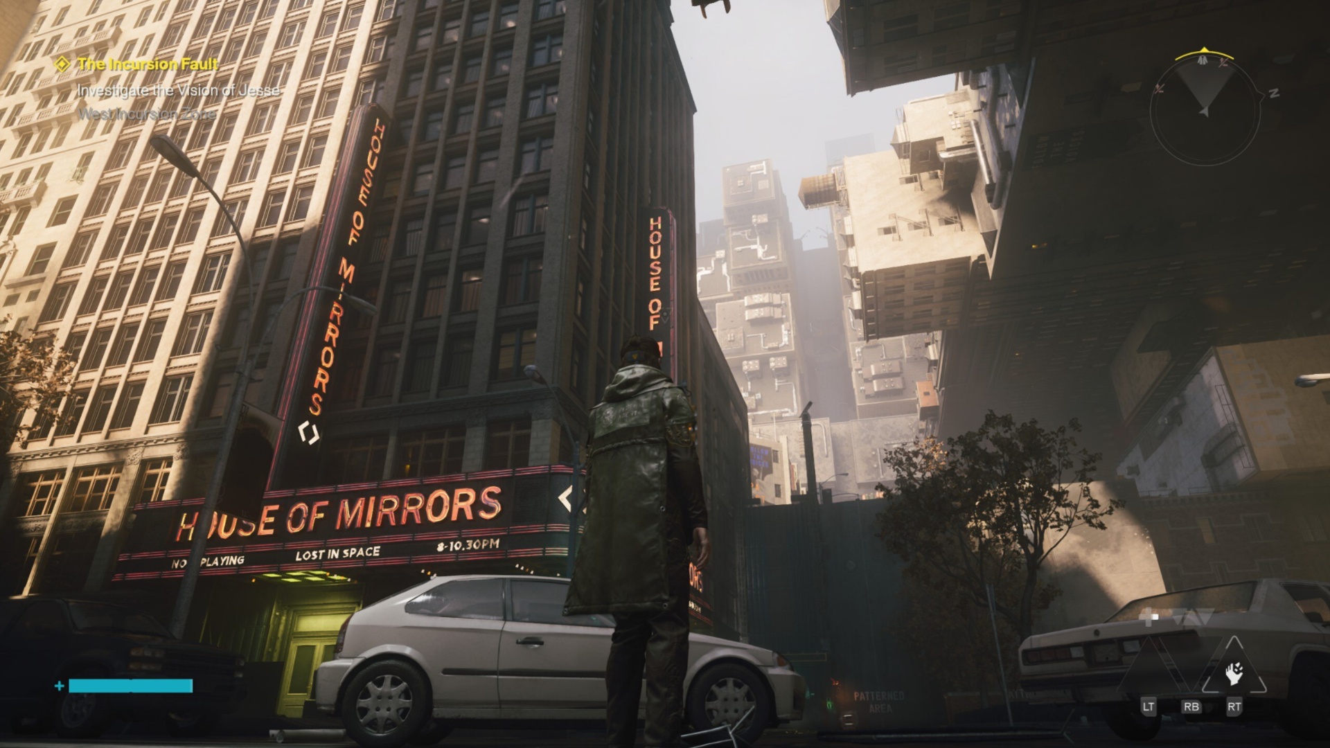 A lone figure stands between parked cars beneath towering city buildings and a &amp;ldquo;House of Mirrors&amp;rdquo; sign, in a hazy, ominous urban scene.
