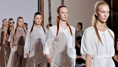 LONDON, ENGLAND - SEPTEMBER 16:A model showcases designs on the catwalk by Nicole Farhi on day 3 of London Fashion Week Spring/Summer 2013, at RIBA on September 16, 2012 in London, England.(P