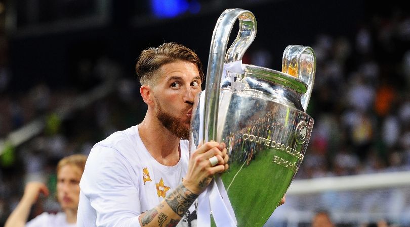 Sergio Ramos kisses the Champions League trophy after Real Madrid&#039;s win on penalties in the final against Atletico in 2016.