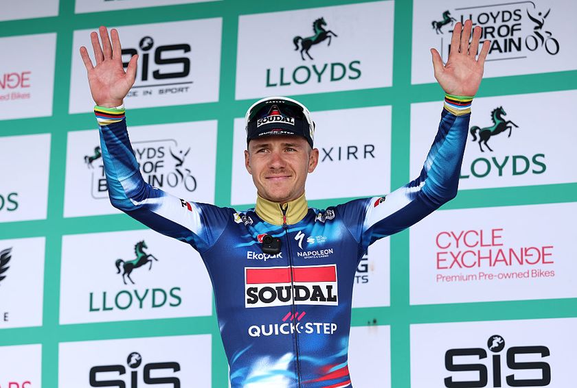 THE TUMBLE, UNITED KINGDOM - SEPTEMBER 06: Remco Evenepoel of Belgium and Team Soudal Quick-Step celebrates at podium as stage winner during the 21st Tour of Britain 2025, Stage 5 a 133.6km stage from Pontypool to The Tumble on September 06, 2025 in The Tumble, United Kingdom. (Photo by Alex Livesey/Getty Images)