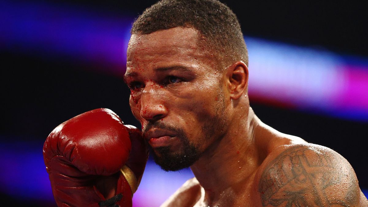 Blood drips from a cut near the eye of Robson Conceicao of Brazil as he trades punches with O&#039;Shaquie Foster in their first fight, prior to the Conceicao vs Foster II live stream