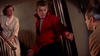 James Dean in his iconic red jacket in Rebel Without a Cause