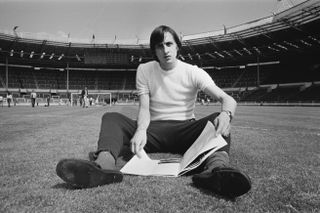 Dutch legend Johan Cruyff poses for a picture at Wembley Stadium ahead of the 1971 European Cup final between Ajax and Panathinaikos.