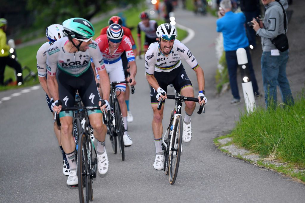 LACHEN SWITZERLAND JUNE 07 Julian Alaphilippe of France and Team Deceuninck QuickStep in breakaway during the 84th Tour de Suisse 2021 Stage 2 a 178km stage from Neuhausen am Rheinfall to Lachen UCIworldtour tds tourdesuisse on June 07 2021 in Lachen Switzerland Photo by Tim de WaeleGetty Images