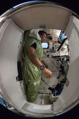 Japan Aerospace Exploration Agency (JAXA) astronaut Koichi Wakata, Expedition 38 flight engineer, strapped into his sleeping bag in his sleep station in Node 2 of the International Space Station.