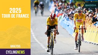 CENIS, FRANCE - JUNE 15: (L-R) Jonas Vingegaard of Denmark and Team Visma | Lease a Bike and Tadej Pogacar of Slovenia and UAE Team Emirates - XRG - Yellow leader jersey crosses the finish line during the 77th Criterium du Dauphine 2025, Stage 8 a 133.3km stage from Val-d'Arc to Plateau du Mont-Cenis 2095m / #UCIWT / on June 15, 2025 in Plateau du Mont-Cenis, France. (Photo by Dario Belingheri/Getty Images)