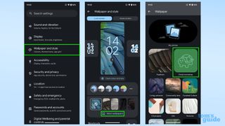 Screenshots showing how to access the Android 14 emoji wallpaper maker