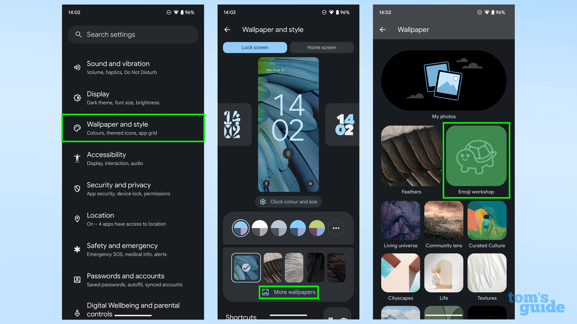 Снимки экрана, показывающие, как получить доступ к средству создания обоев смайликов для Android 14.