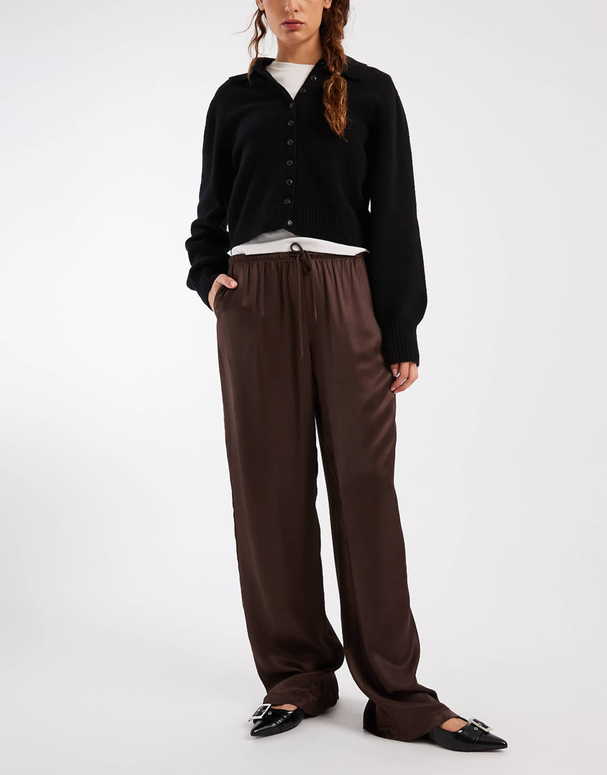 Asos Design Satin Wide Leg Pull on Trouser in Chocolate