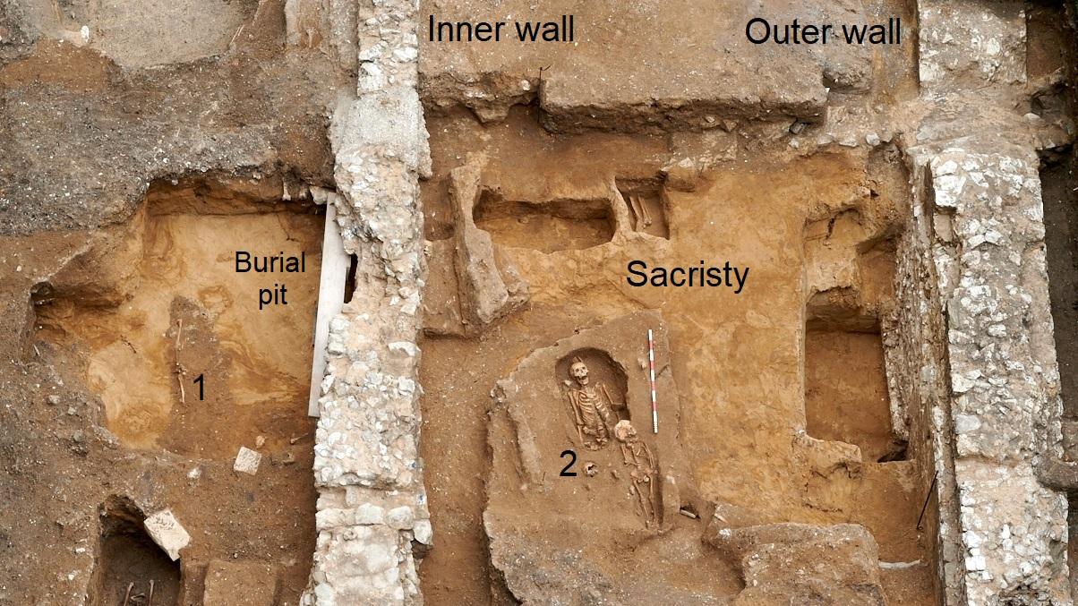 an aerial view of an excavation showing walls and the burial pit where a Roman sarcophagus was placed