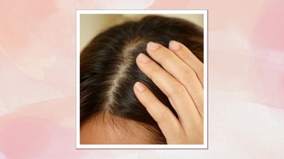 A close up of a woman with brunette hair touching her scalp/ in a pink and peach watercolour textured template