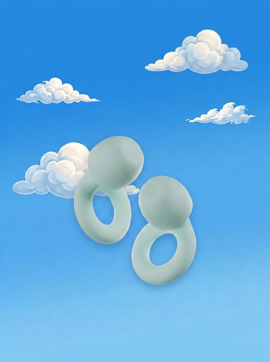 A pair of Loop Quiet 2 ear plugs on a background of an illustrated sky edited by Gemini