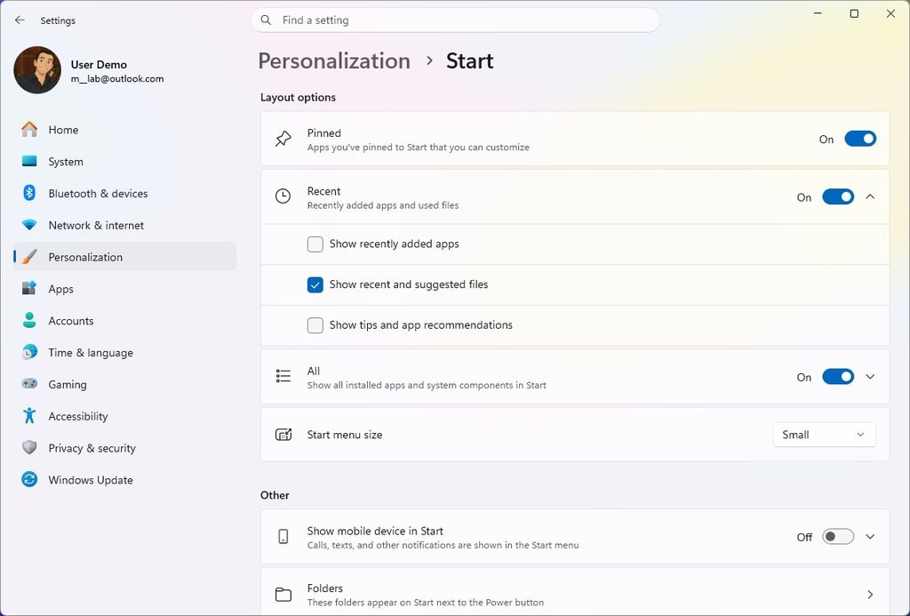 Windows 11 Settings app showing the options from the Start menu.