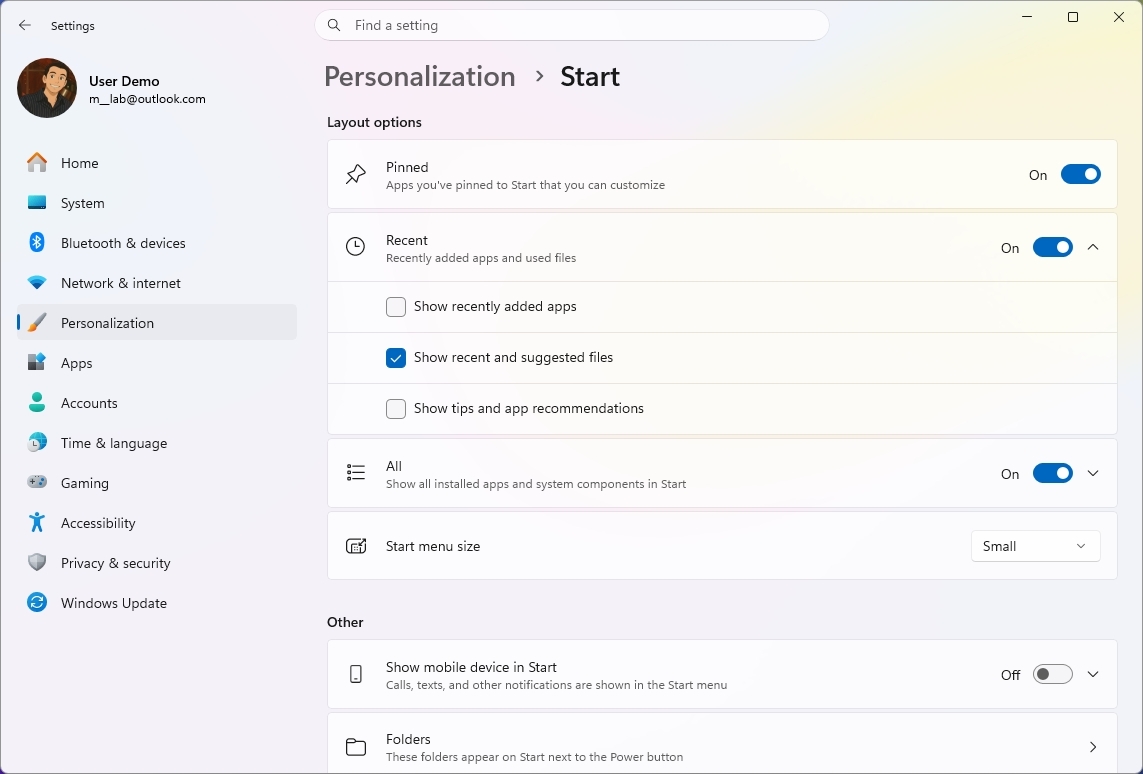 Windows 11 Settings app showing Start menu options.