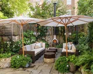 garden with two parasols and chimenea