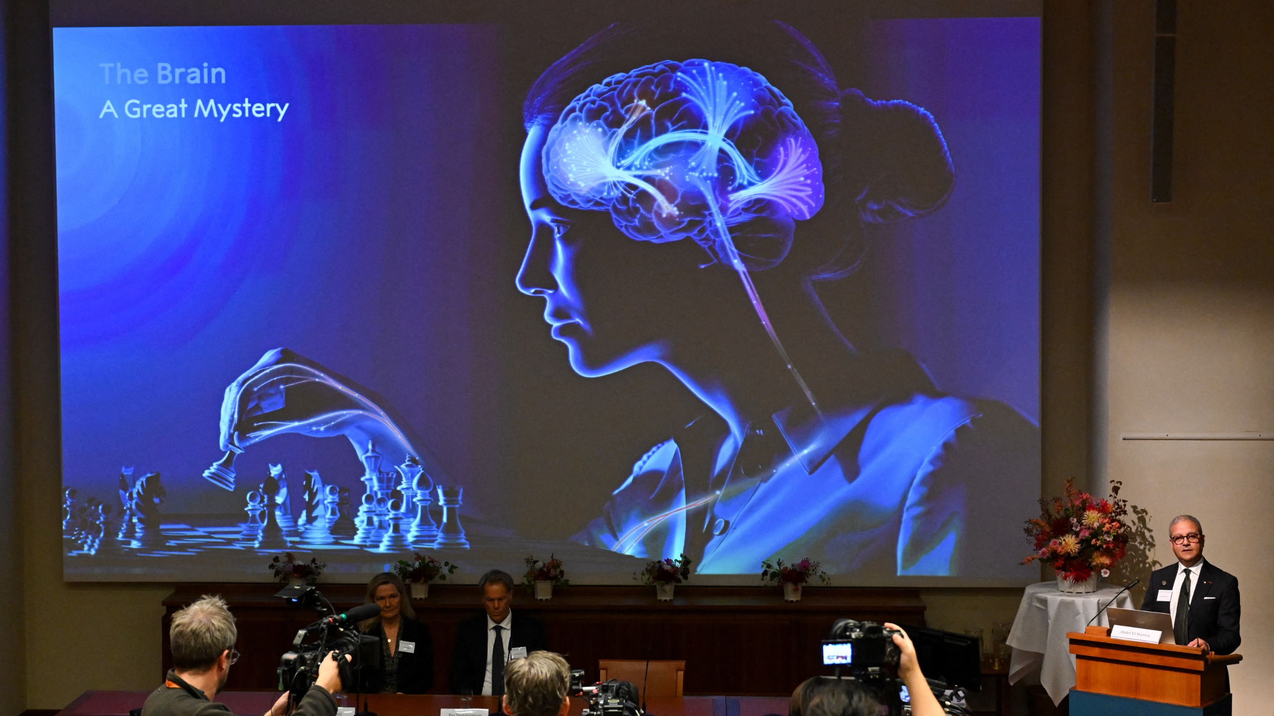 A photo of Karolinska Institute neuroscience professor Abdel El Manira announcing the 2026 Nobel Prize in Physiology or Medicine at the Karolinska Institute in Stockholm.