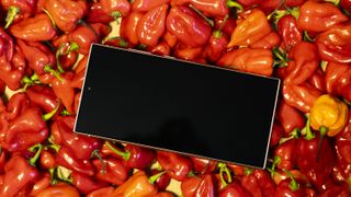 A Samsung Galaxy S24 Ultra sitting on top of a pile of red chillies
