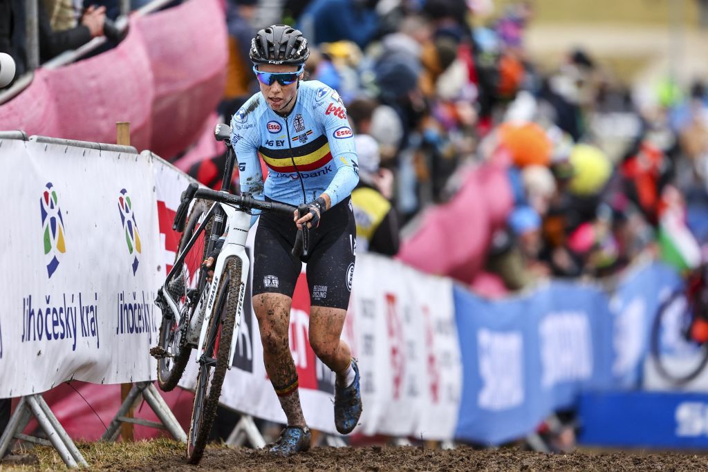 Belgian Sanne Cant pictured in action during the Elite women race event of the Cyclocross World Championships on Saturday 03 February 2024 in Tabor, Czech Republic. BELGA PHOTO DAVID PINTENS (Photo by DAVID PINTENS / BELGA MAG / Belga via AFP)
