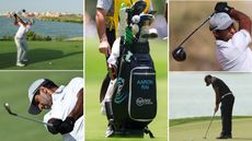 Aaron Rai's golf bag in the middle, with various images around