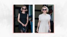 On the left, Pamela Anderson is seen with a short, wavy bob and wearing black sunglasses and a black dress in the Meatpacking District on May 21, 2025 in New York City and on the right, is another picture of Anderson, also with a wavy bob but this time wearing a long, ecru dress/ in a white marbled template