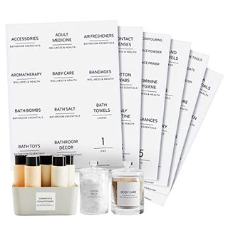 Talented Kitchen 174-Piece Set of Minimalist Bathroom Labels for Organizing Medicine Cabinets, Black Print on White Stickers for Makeup, Cosmetics, Shower Bottles (water-Resistant)