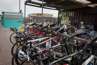 A view of some of the donated bicycles at Kaltsha Cycles a bicycle shop and home for cycling activism in Khayelitsha near Cape Town on March 9, 2023 Spain-based Ashleigh Moolman-Pasio has set up an organisation Rocacorba Collective which aims to further develop women's cycling from underprivileged communities to professional racing teams Rocacorba Collective has donated new bicycles and riding clothes to the young woman taking part in the Cycle Tour.