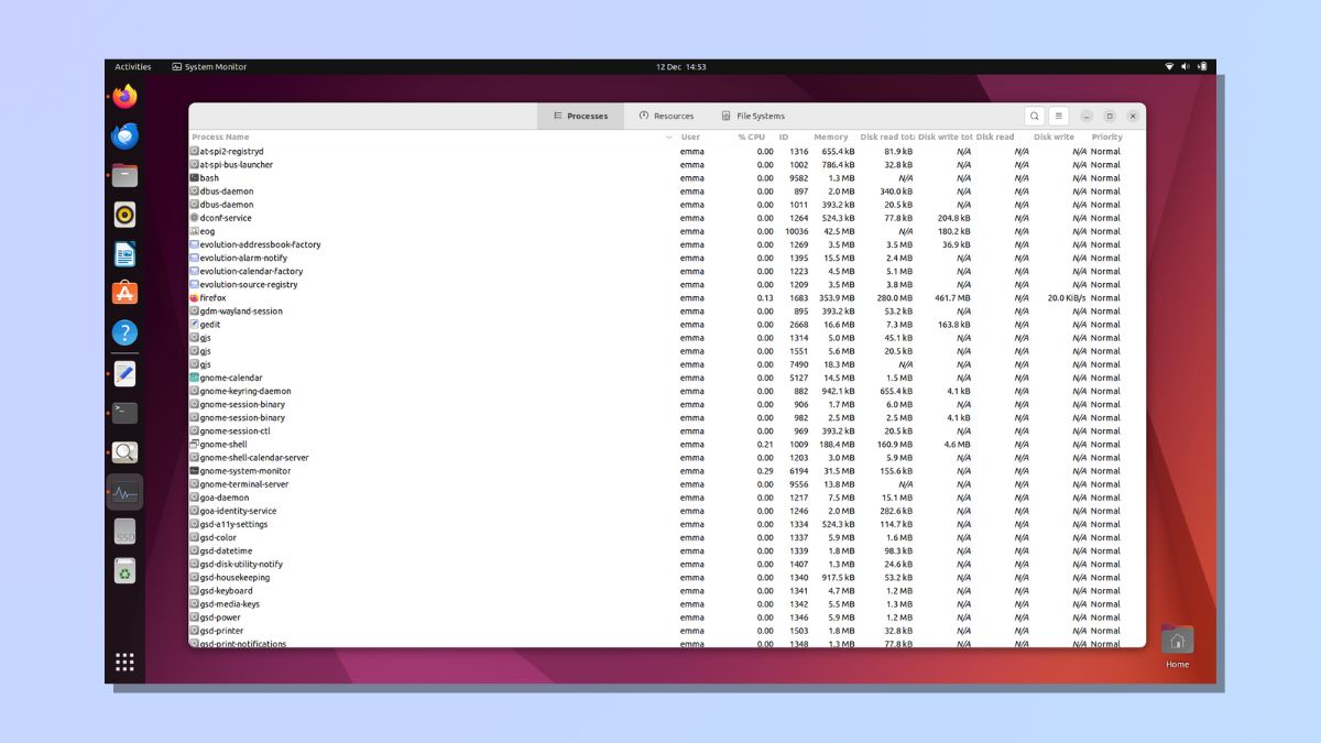 снимок экрана, показывающий, как узнать загрузку ЦП в Linux — Процессы и производительность ЦП в графическом интерфейсе