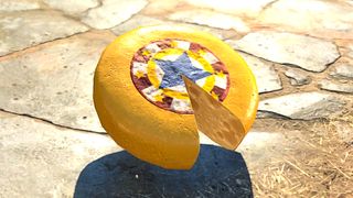 Baldur's Gate 3 screenshot showing a yellow-white wheel of cheese spinning atop stone ground
