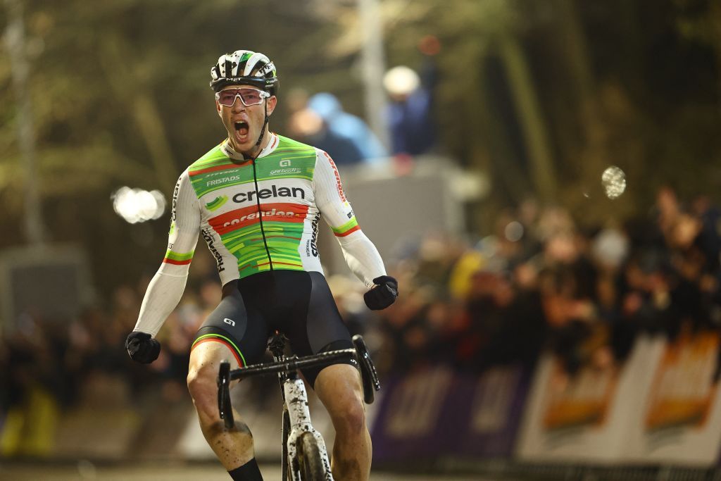 Belgian Laurens Sweeck celebrates as he crosses the finish line to win the men elite race of Diegem Cross cyclocross cycling event, Monday 30 December 2024 in Diegem, stage 6/8 in the Superprestige cyclocross cycling competition.
BELGA PHOTO DAVID PINTENS (Photo by DAVID PINTENS / BELGA MAG / Belga via AFP)