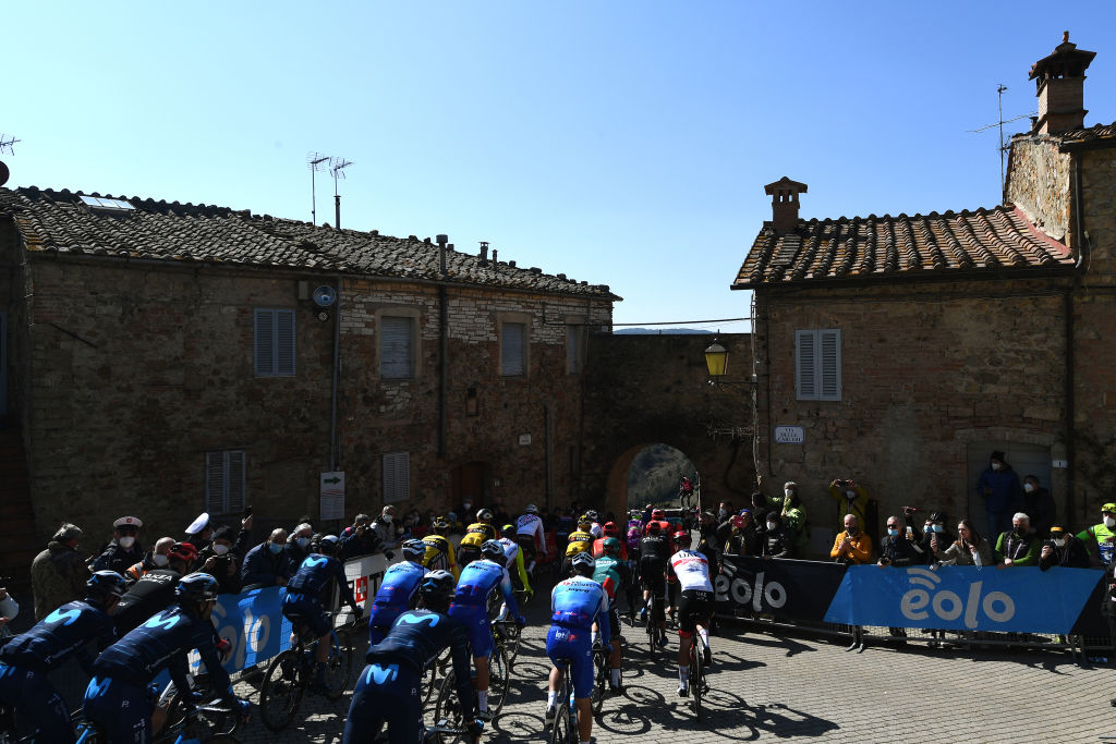 TERNI ITALY MARCH 09 A general view of the peloton at start Murlo Village prior to the 57th TirrenoAdriatico 2022 Stage 3 a 170km stage from Murlo to Terni TirrenoAdriatico WorldTour on March 09 2022 in Terni Italy Photo by Tim de WaeleGetty Images