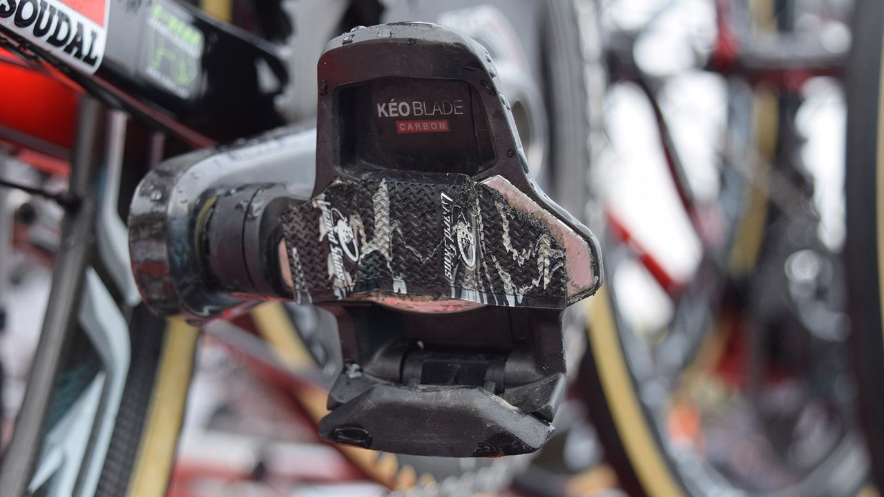 Marcel Sieberg is one of several Lotto-Soudal riders to affix a strip of handlebar tape on his pedals for some extra comfort