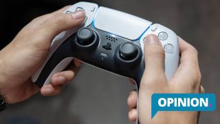 Someone holding a PS5 DualSense controller