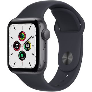 Apple Watch SE i sort med hvid skærm på hvid baggrund