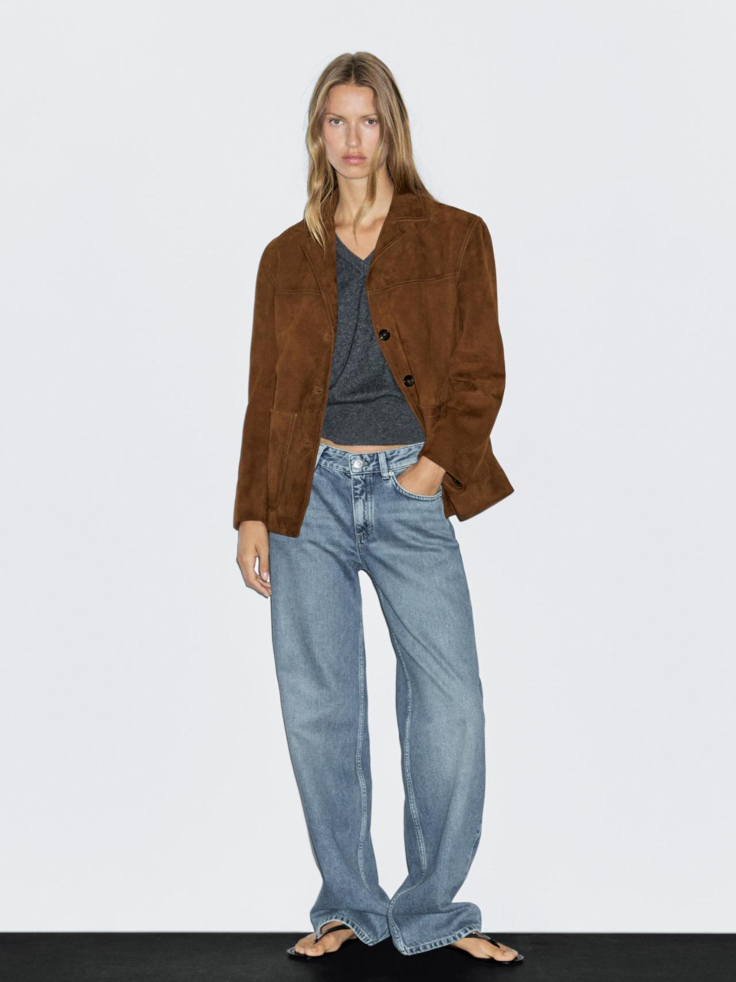 Massimo Dutti Suede Leather Blazer with Topstitching