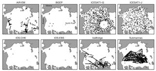 Areas where the researchers found data for sea-ice levels in the Arctic Ocean, which included measurements taken by satellites and submarines.