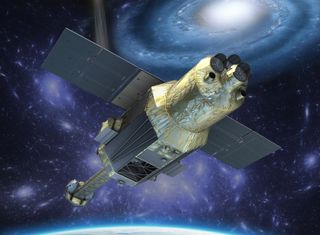 An artist's illustration of the Hitomi X-ray astronomy satellite in orbit.