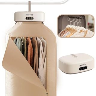 A heated hanging clothes dryer with a brown clothes bag suspended from it