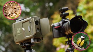 Camtraptions Camera Trap device outdoors alongside with inset circles showing a rabbit and bird photographed with it