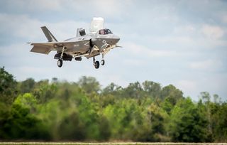 An F-35B Lighting II aircraft prepares to land during a training exercise with Airborne Tactical Advantage Company aboard Marine Corps Air Station Beaufort.