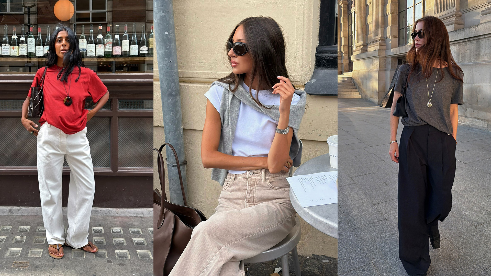 Collage of stylish women wearing different-colored T-shirts