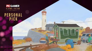 A banner declaring "PC Gamer game of the year 2025 personal pick" on top of a screenshot of TIny Bookshop