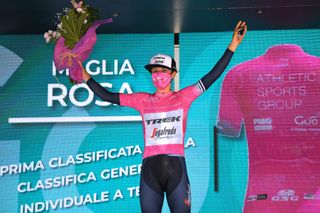 CUNEO ITALY JULY 02 Ruth Winder of United States and Team Trek Segafredo Pink Leader Jersey celebrates at arrival during the 32nd Giro dItalia Internazionale Femminile 2021 Stage 1 a 267 Team Time Trial stage from Fossano to Cuneo 540m TTT GiroDonne UCIWWT on July 02 2021 in Cuneo Italy Photo by Luc ClaessenGetty Images