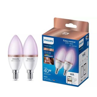 Two smart light bulbs with packaging next to it