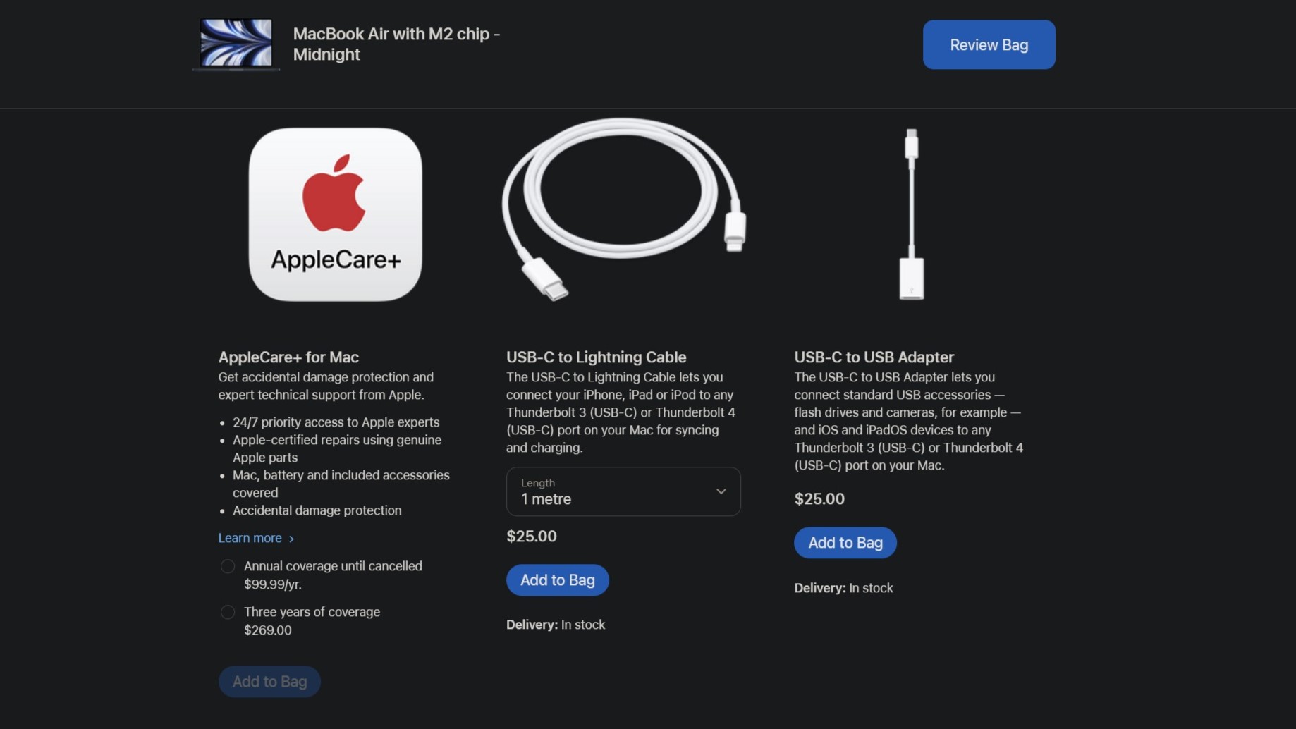 Opsi pembayaran AppleCare+ untuk MacBook Air 2022 di situs web Apple, Kanada