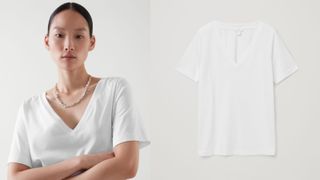Model wearing white v-neck t-shirt